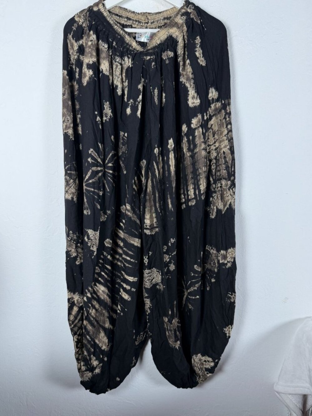 The Little Bazaar Harem Pants Black Tan Tie Dye Boho Elastic Waist Cotton OS
